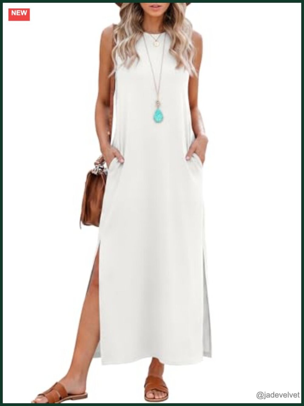 Sleeveless Crewneck Maxi Dress with Side Slit and Pockets